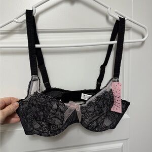 Wacoal Black Lace Retro Chic Demi Underwire Bra NWT Pink Bow 34C